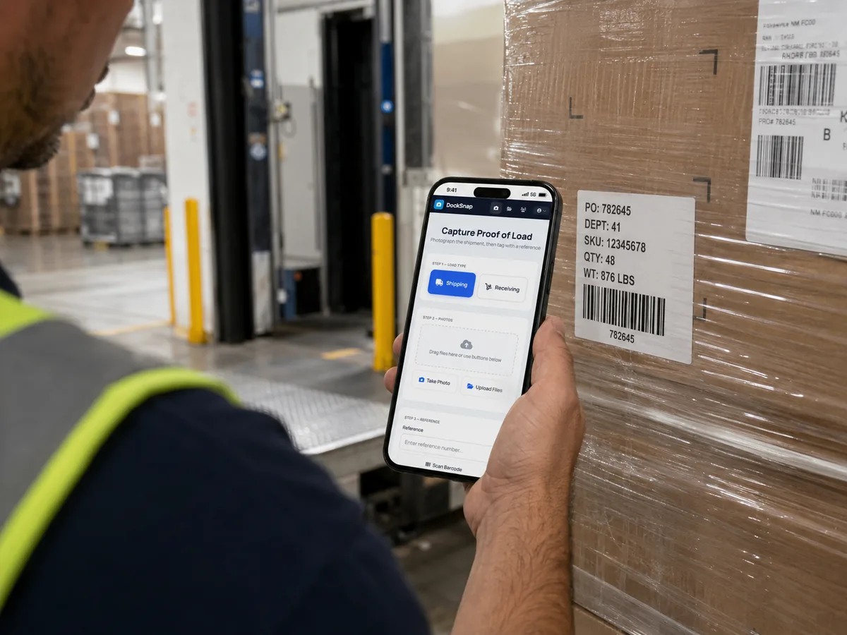 A warehouse worker capturing a dock photo on an iPhone with the DockSnap app