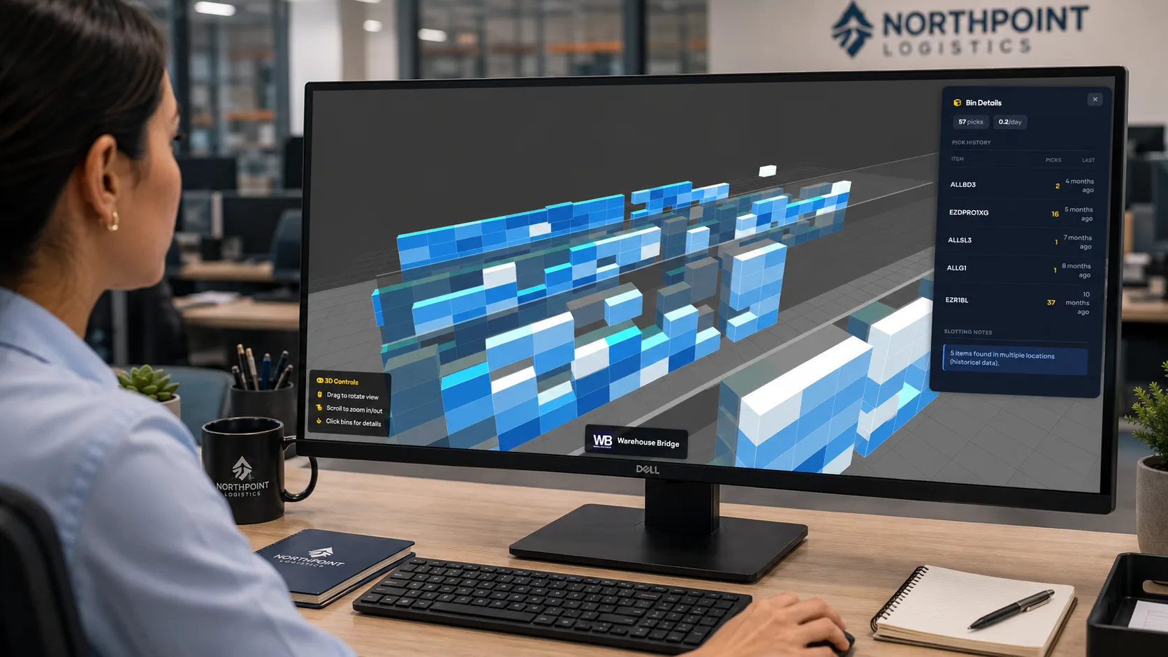 3D warehouse heatmap visualisation showing pick density on a monitor